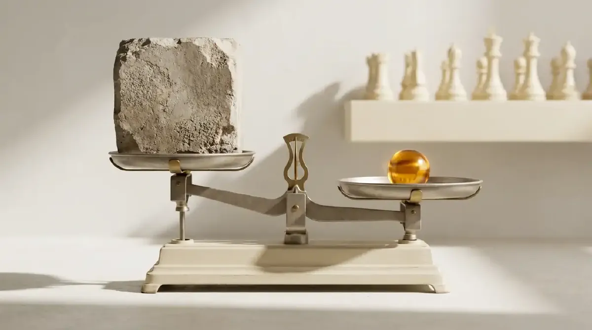 Büyük bir taş bloğu havada tutan, minik amber bir küre