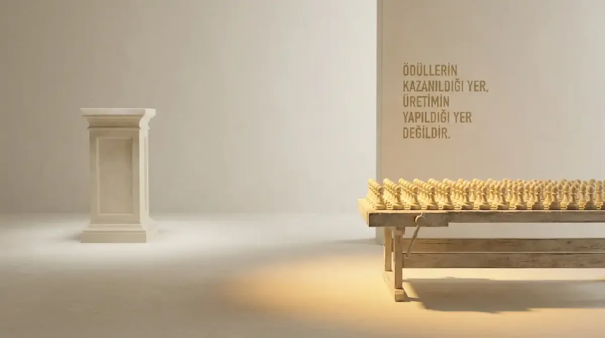 Boş duran ödül kaidesi ve yanındaki dolu tezgâh