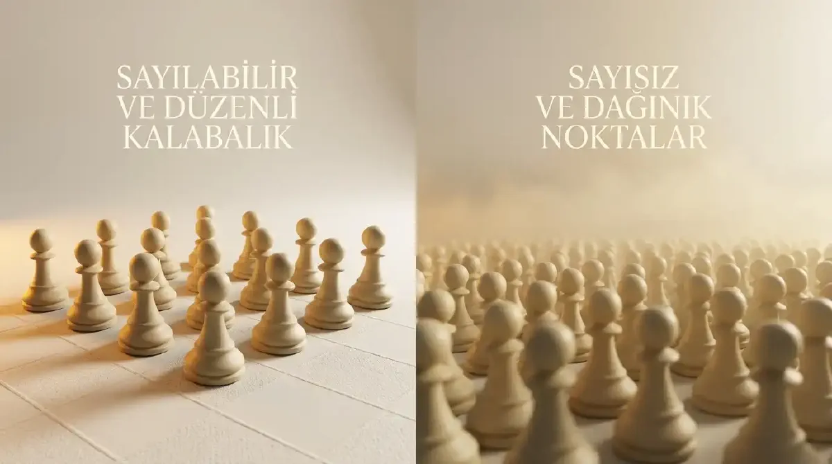 Solda sayılabilir düzenli bir grup, sağda ufka dağılmış kalabalık