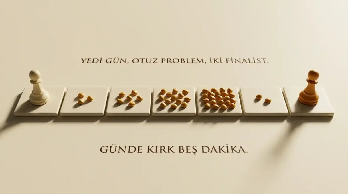 Yedi kareli bir yol boyunca ilerleyen ve sona tek kalan piyon