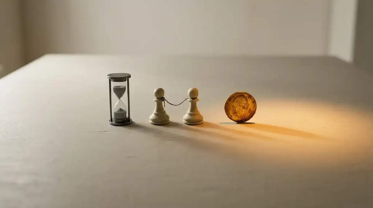 Boş masada duran kum saati, bağlayıcı ip ve altın sikke