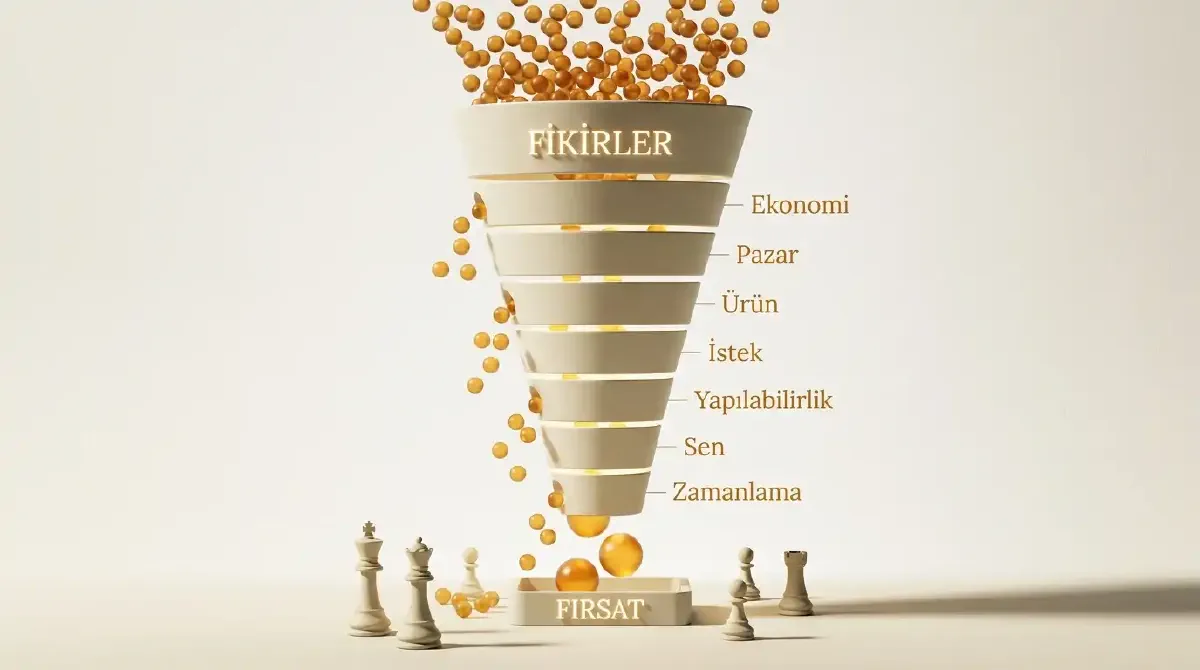 Fikirleri fırsata süzen yedi kademeli huni diyagramı